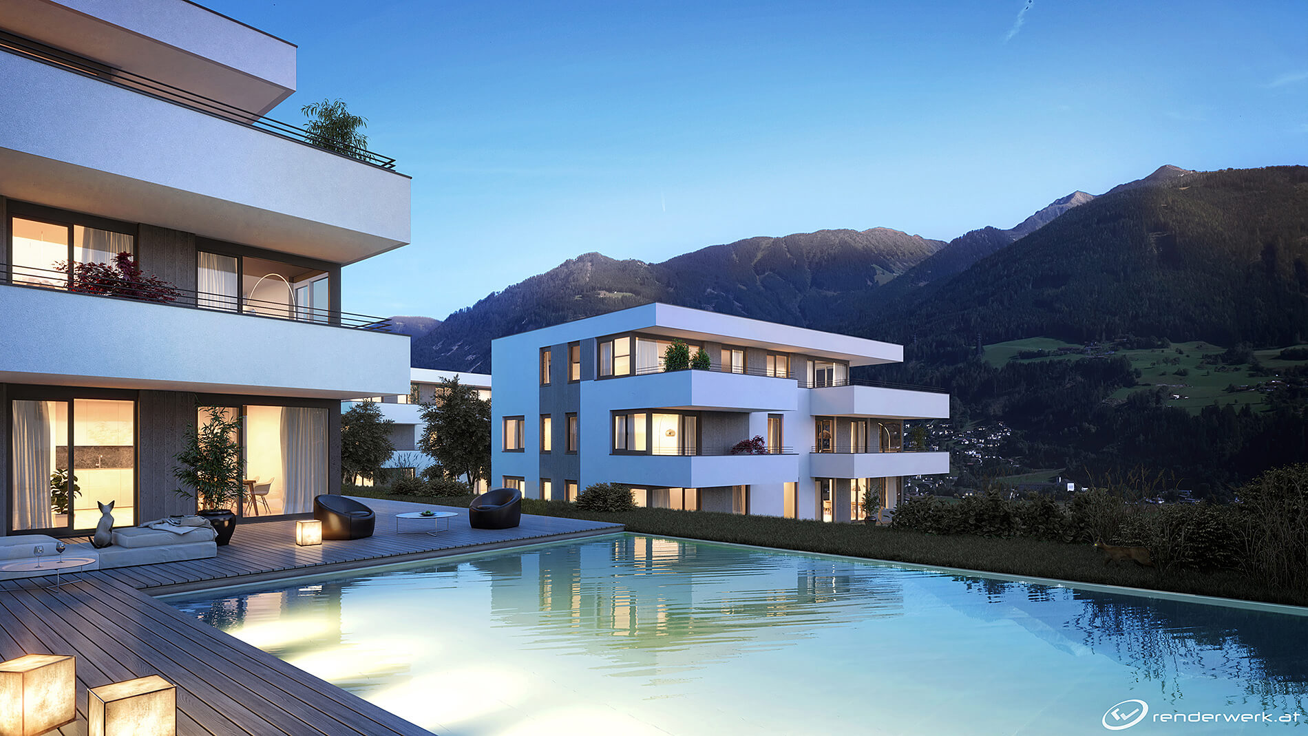 Cat walk 3d Wohnanlage Pool Abend