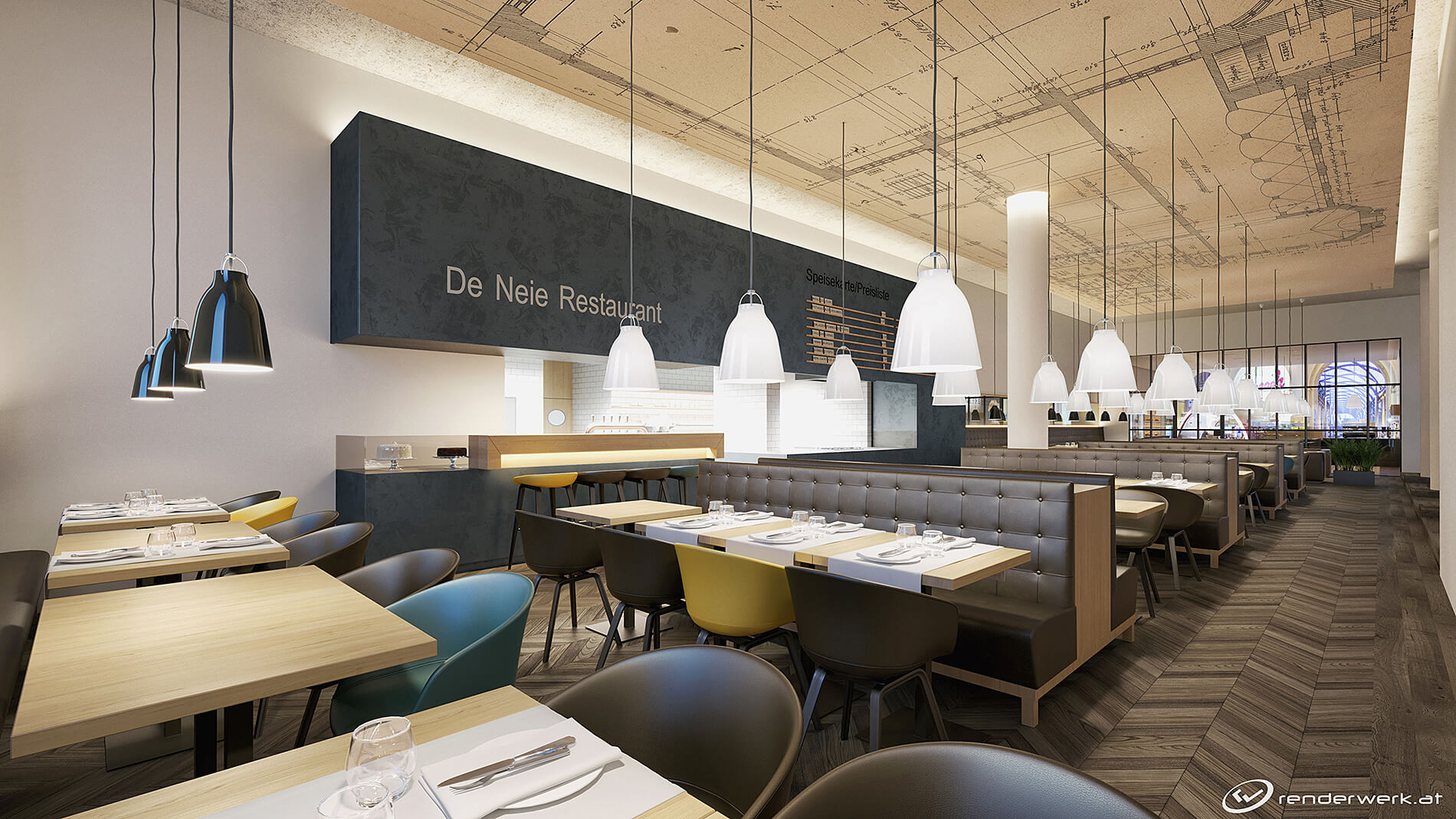 DIner Time 3D Architektur rendering CFl Luxemburg Restaurant Bahnhof