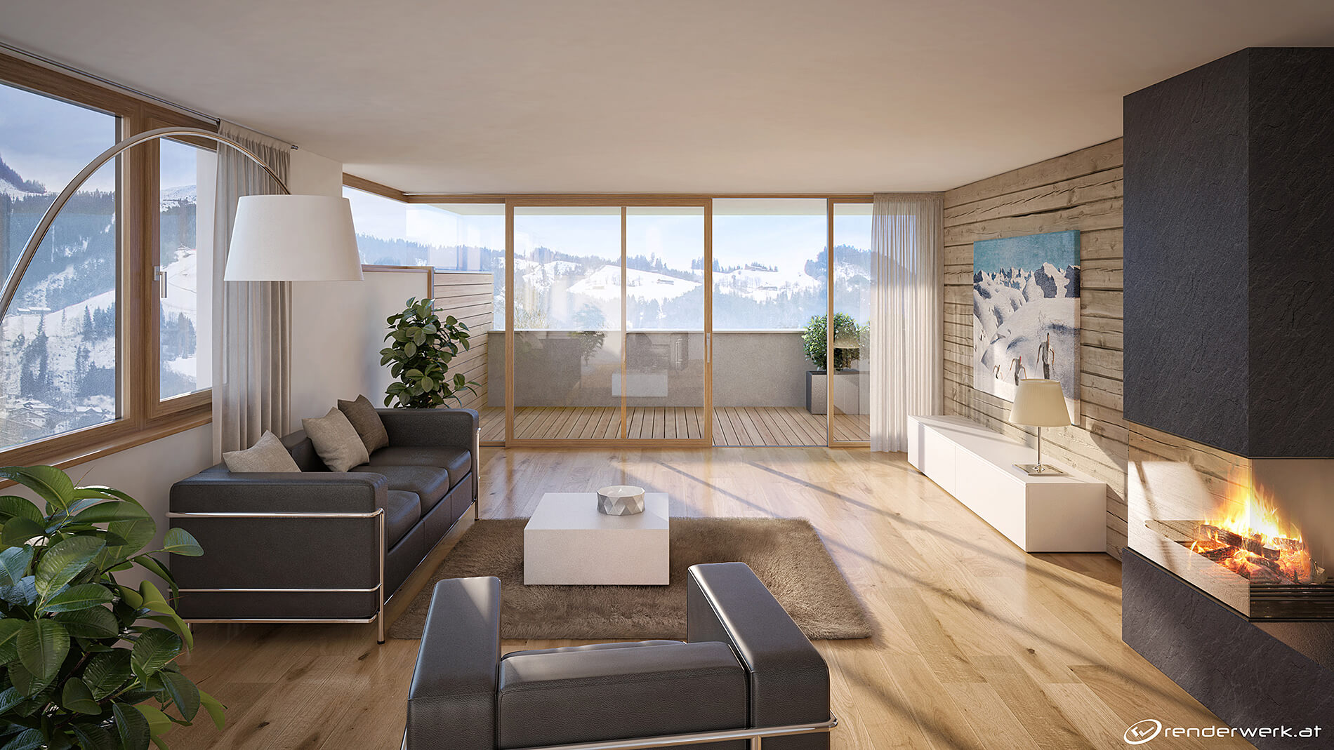 Fluffy Architektur Rendering Wohnraum Kamin