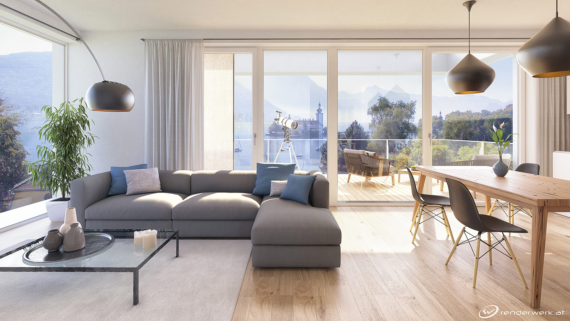 Lakeview Immobilien Visualisierung Wohnraum See