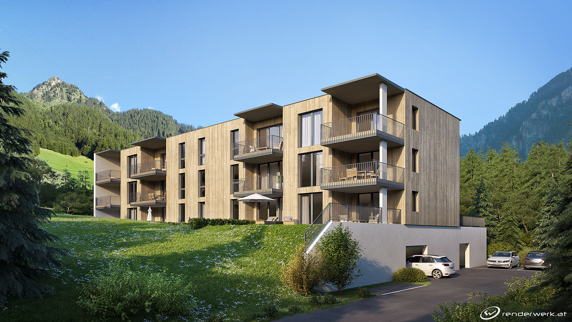 Modern Cabin 3d wohnanlage architektur holzfassade berge