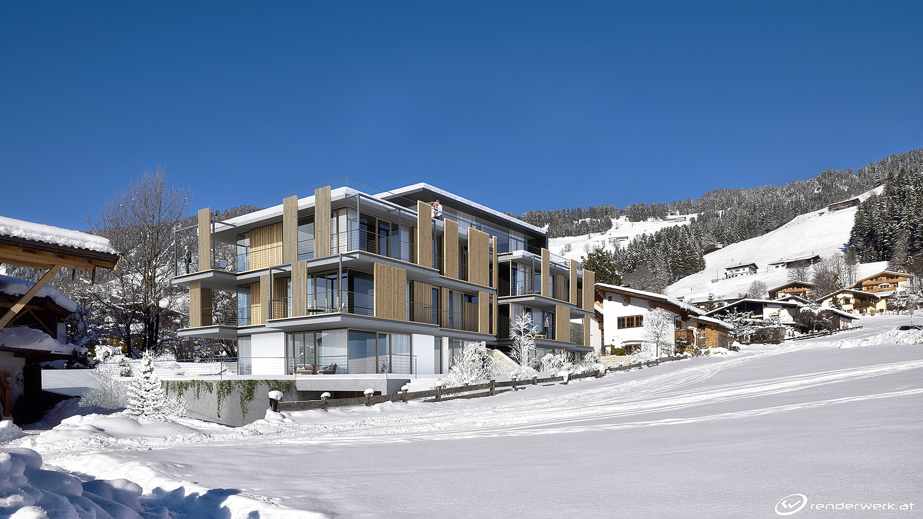Riding Home Wohnalage 3D Architekturrendering Winter Skipiste