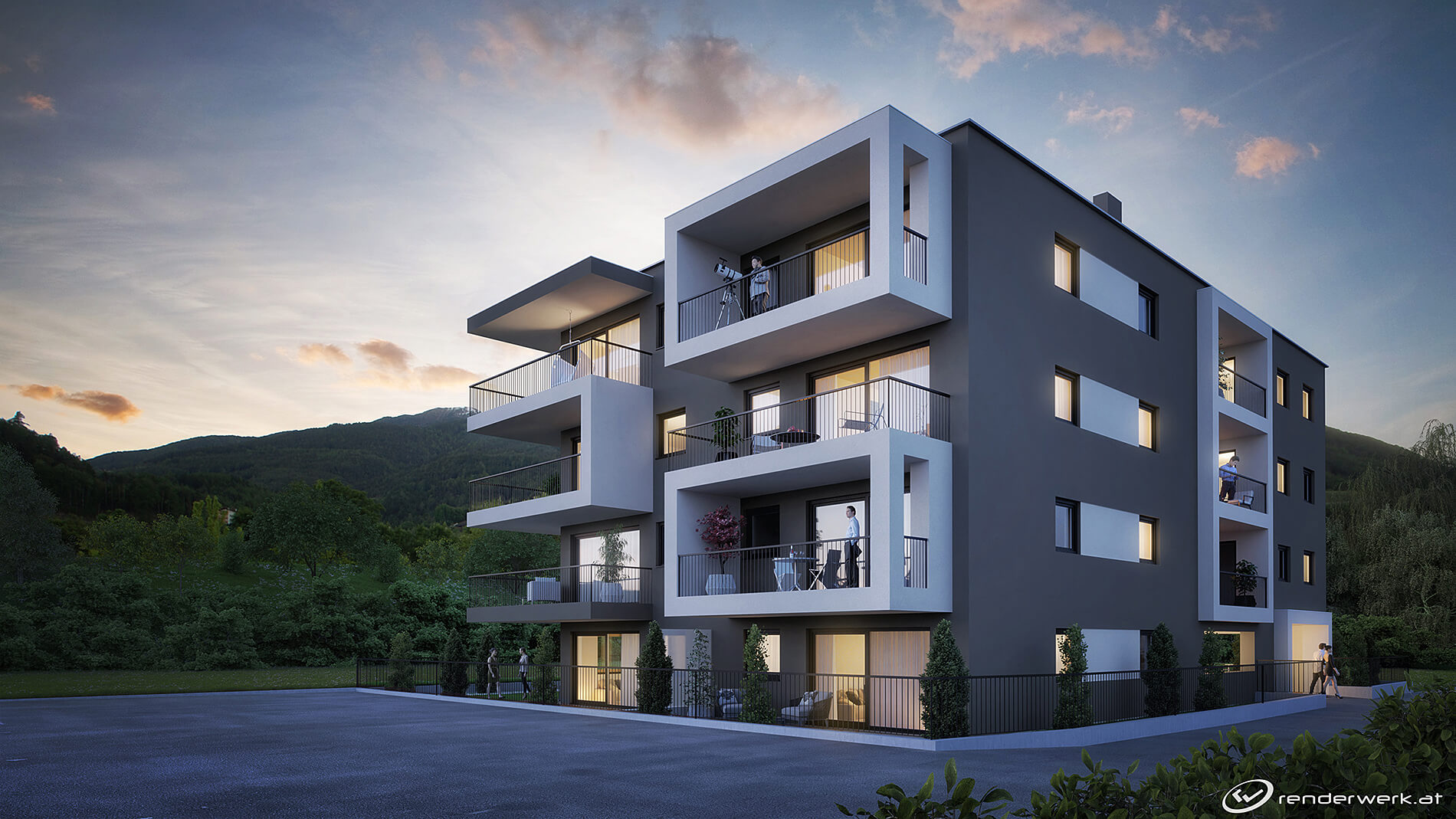 Tetris 3D Architektur Wohnanlage  Abend Rendering Südtirol