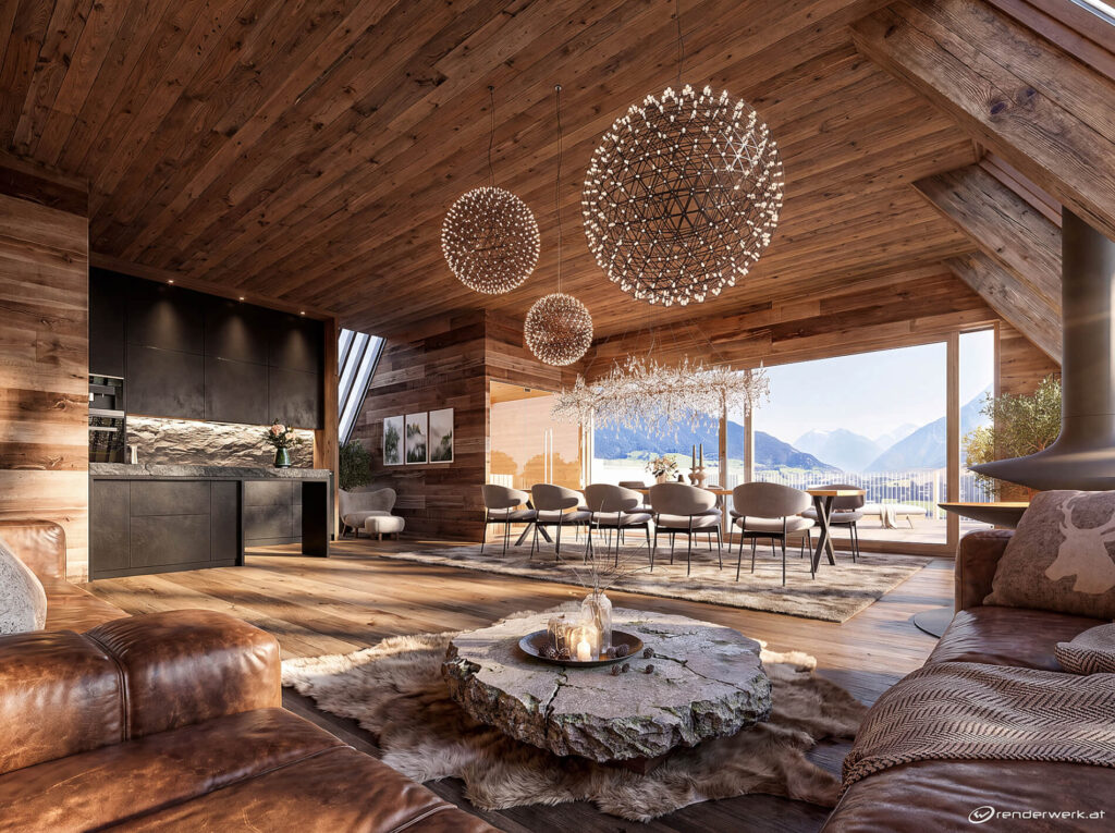 3D-Visualisierung des exklusiven Interiors eines modernen Chalets in Salzburg mit Altholz, dunkler Küche und Alpenblick.