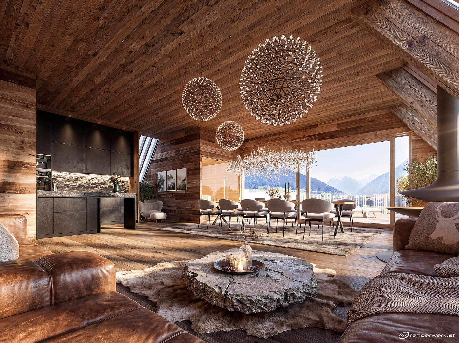 3D-Visualisierung des exklusiven Interiors eines modernen Chalets in Salzburg mit Altholz, dunkler Küche und Alpenblick.