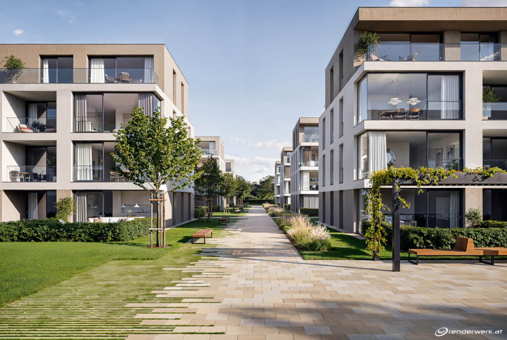 3D-Visualisierung einer exklusiven, modernen Wohnanlage in Deutschland mit großzügigen Apartments, Gehwegen und gepflegten Grünflächen.