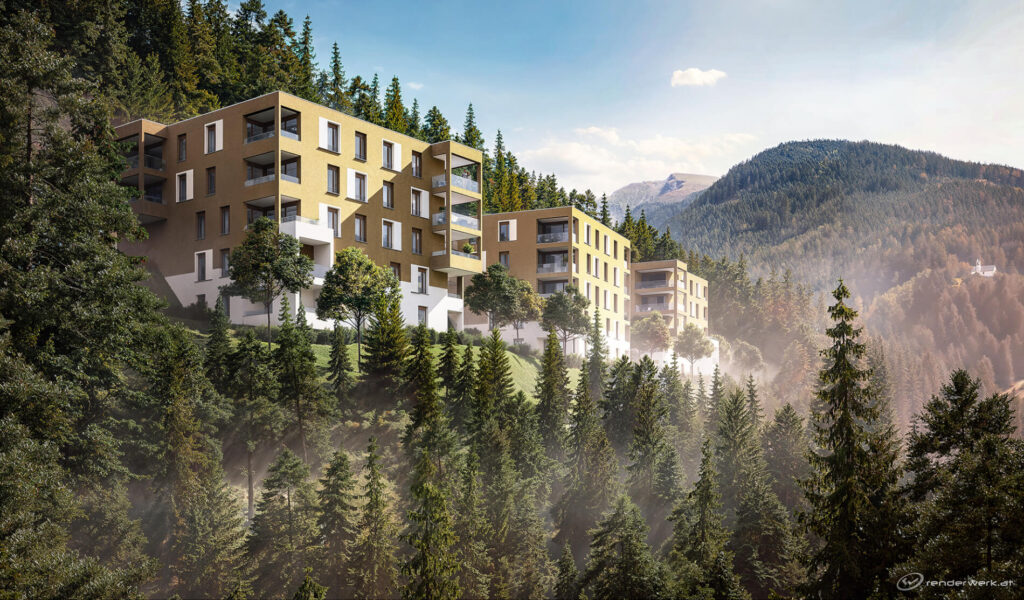 3D Architekturvisualisierung Wohnbau Hanglage Tirol Alpen
