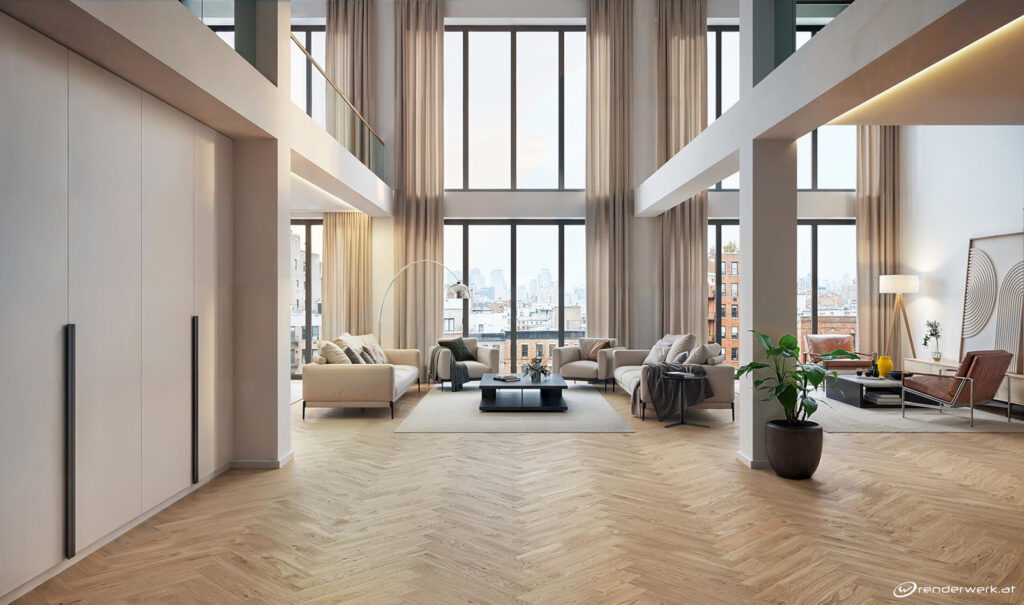 3D Interior Rendering modernes Loft Wohnzimmer mit hoher Decke