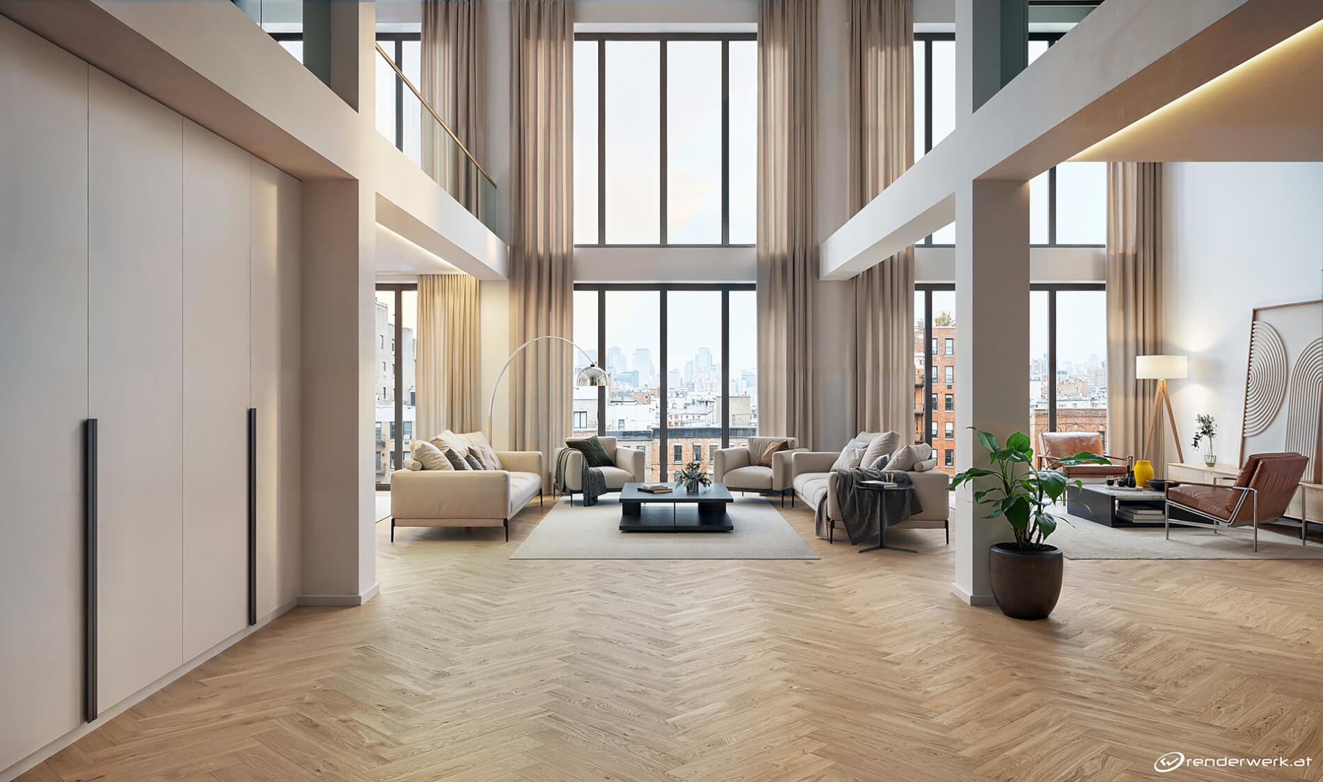 3D Interior Rendering modernes Loft Wohnzimmer mit hoher Decke