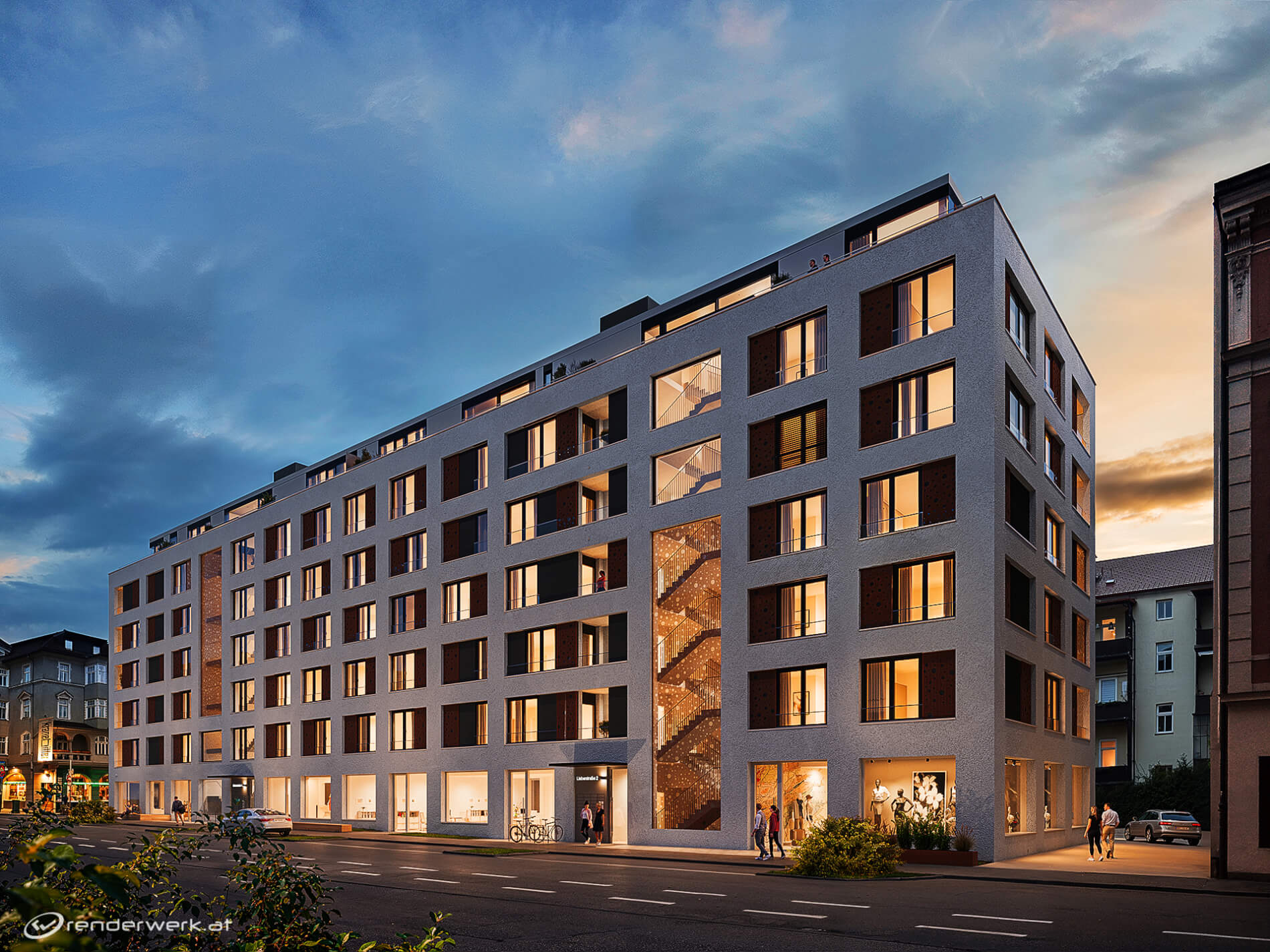 3D Architekturvisualisierung Wohnbau urban Tirol Abendlicht